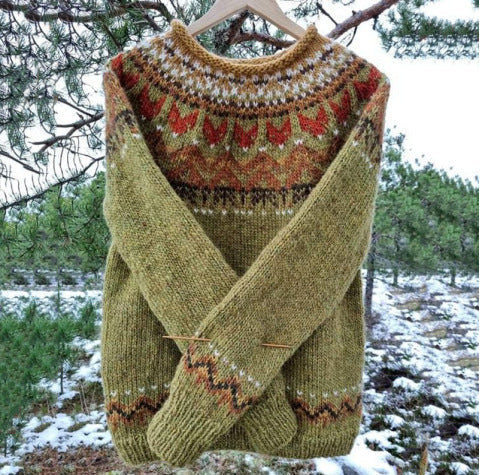 Women's Vintage Nordic Sweater – Icelandic Pattern Crew Neck Pullover