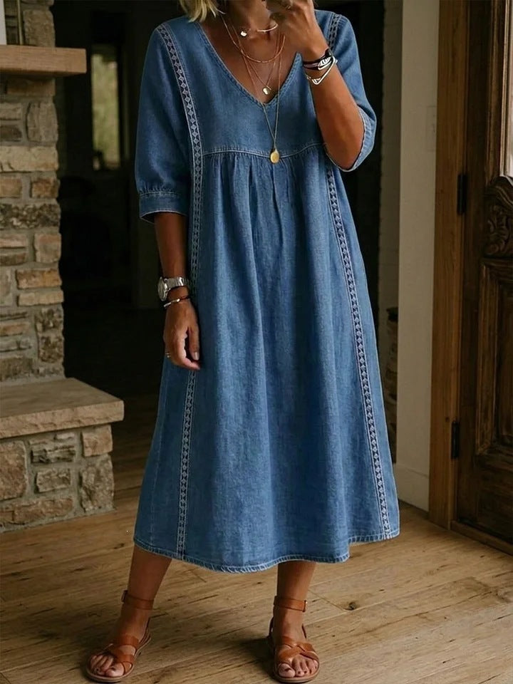 Women's Vintage Denim Look Dress – Button Front Relaxed Dress