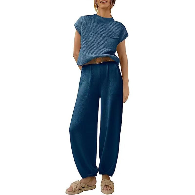 Women's Short Sleeve Pants Set – Crew Neck Top & High Waist Trousers