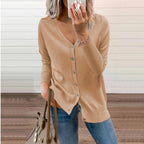 Women's Ribbed V-Neck Cardigan – Button Front Long Sleeve Cardigan