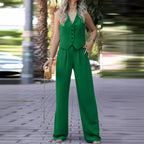 Women's Sleeveless Vest Pants Set – V-Neck Waistcoat & Wide Leg Trousers