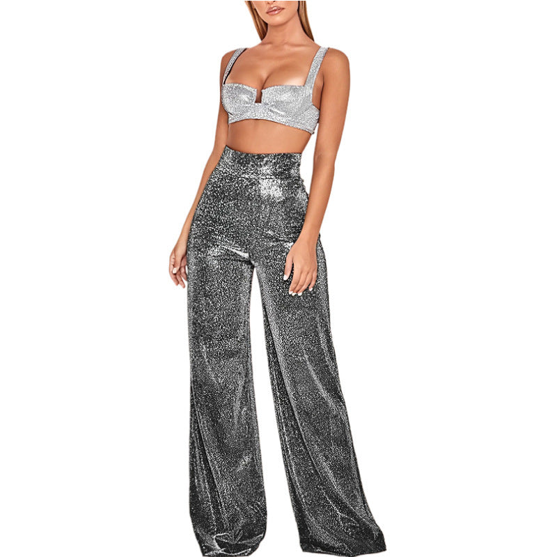 Women's Sparkly Side Slit Party Pants – High Waist Straight Leg Glitter Trousers