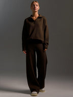 Women's Oversized Collared Sweater Set – Polo Top Wide Leg Pants Set