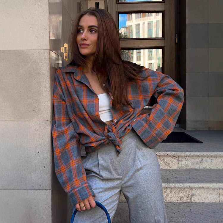 Women's Checked Button Blouse – Oversized Relaxed Shirt Blouse