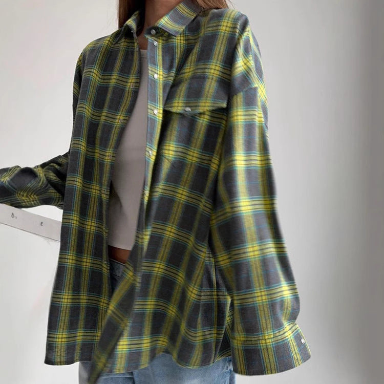 Women's Checked Button Blouse – Oversized Relaxed Shirt Blouse