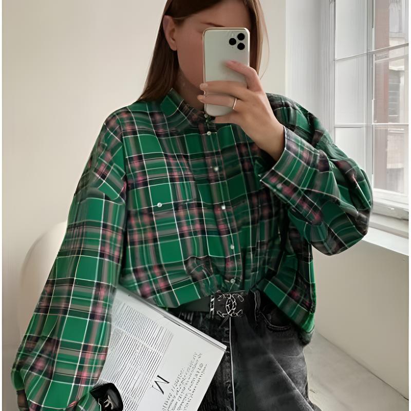 Women's Checked Button Blouse – Oversized Relaxed Shirt Blouse