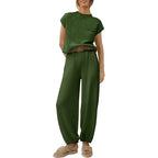 Women's Short Sleeve Pants Set – Crew Neck Top & High Waist Trousers