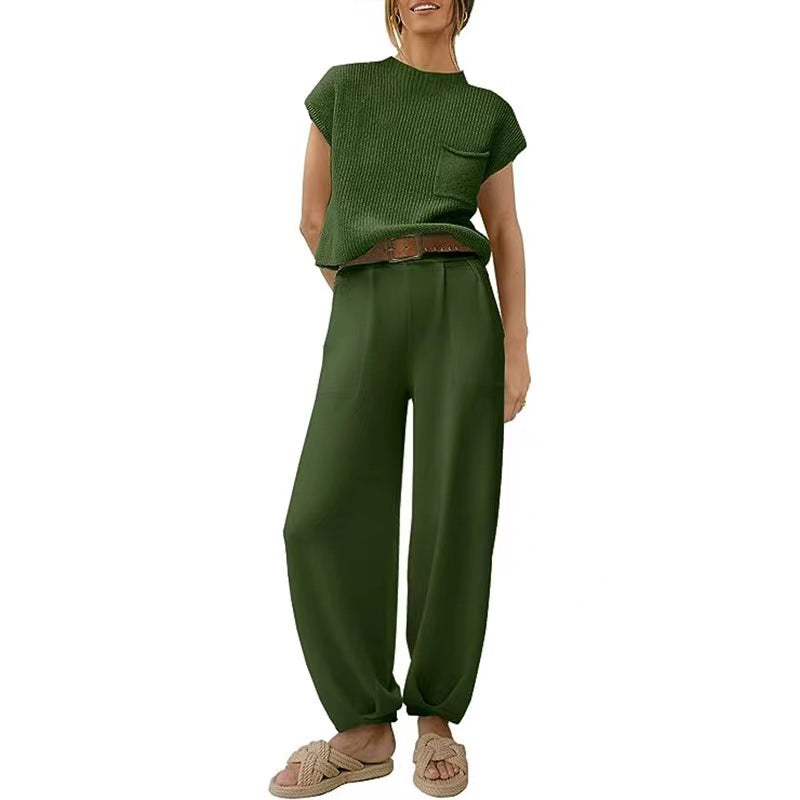 Women's Short Sleeve Pants Set – Crew Neck Top & High Waist Trousers