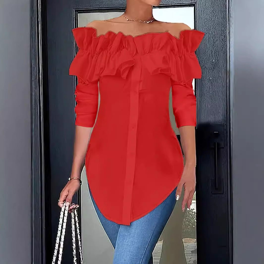 Women's Ruffle Off-Shoulder Blouse – Button Front Three-Quarter Sleeve Blouse