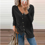 Women's Ribbed V-Neck Cardigan – Button Front Long Sleeve Cardigan