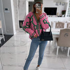 Women's Oversized Geometric Cardigan – Patterned Button Front Knit Cardigan