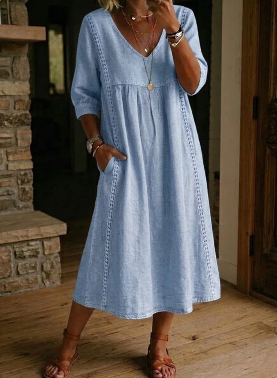 Women's Vintage Denim Look Dress – Button Front Relaxed Dress