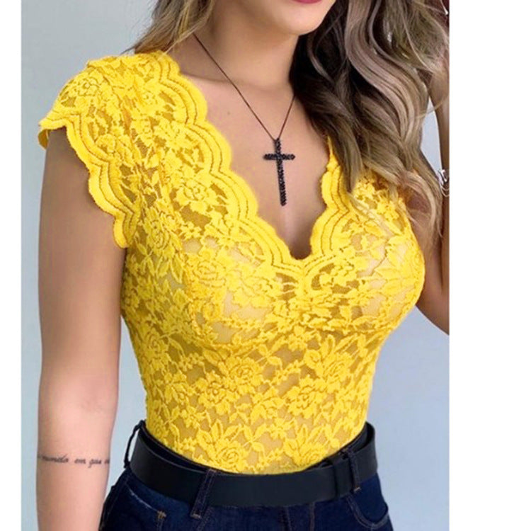 Women's Plunging Ruffle Lace Bodysuit – V-Neck Statement Sleeve Bodysuit