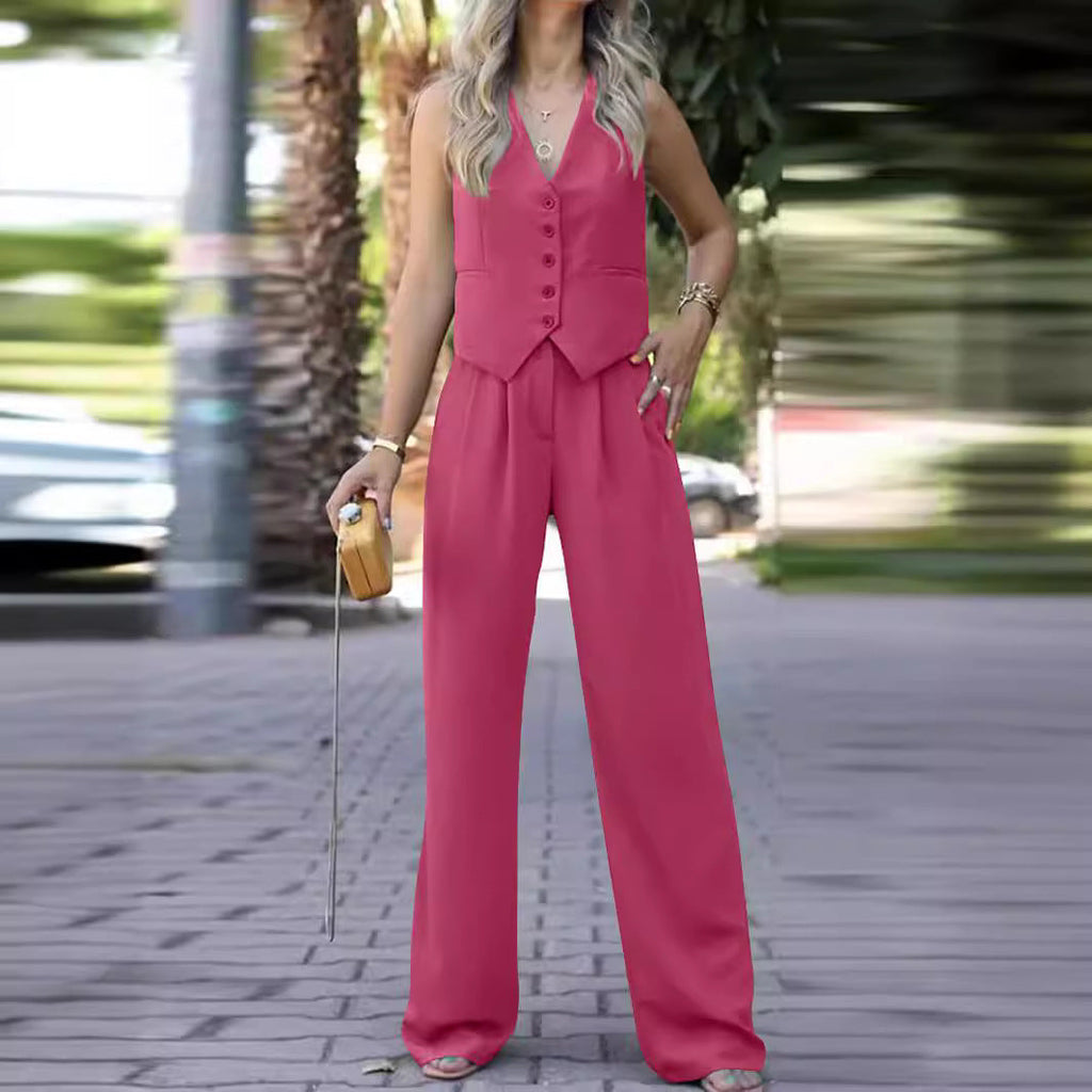 Women's Sleeveless Vest Pants Set – V-Neck Waistcoat & Wide Leg Trousers