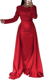 Women's Long Sleeve Glitter Gown – Flowing Sparkle Formal Evening Dress