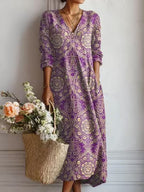 Women's Vintage Floral Midi Dress – A-Line Flowy Summer Dress