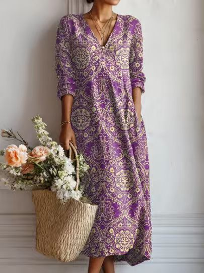 Women's Vintage Floral Midi Dress – A-Line Flowy Summer Dress