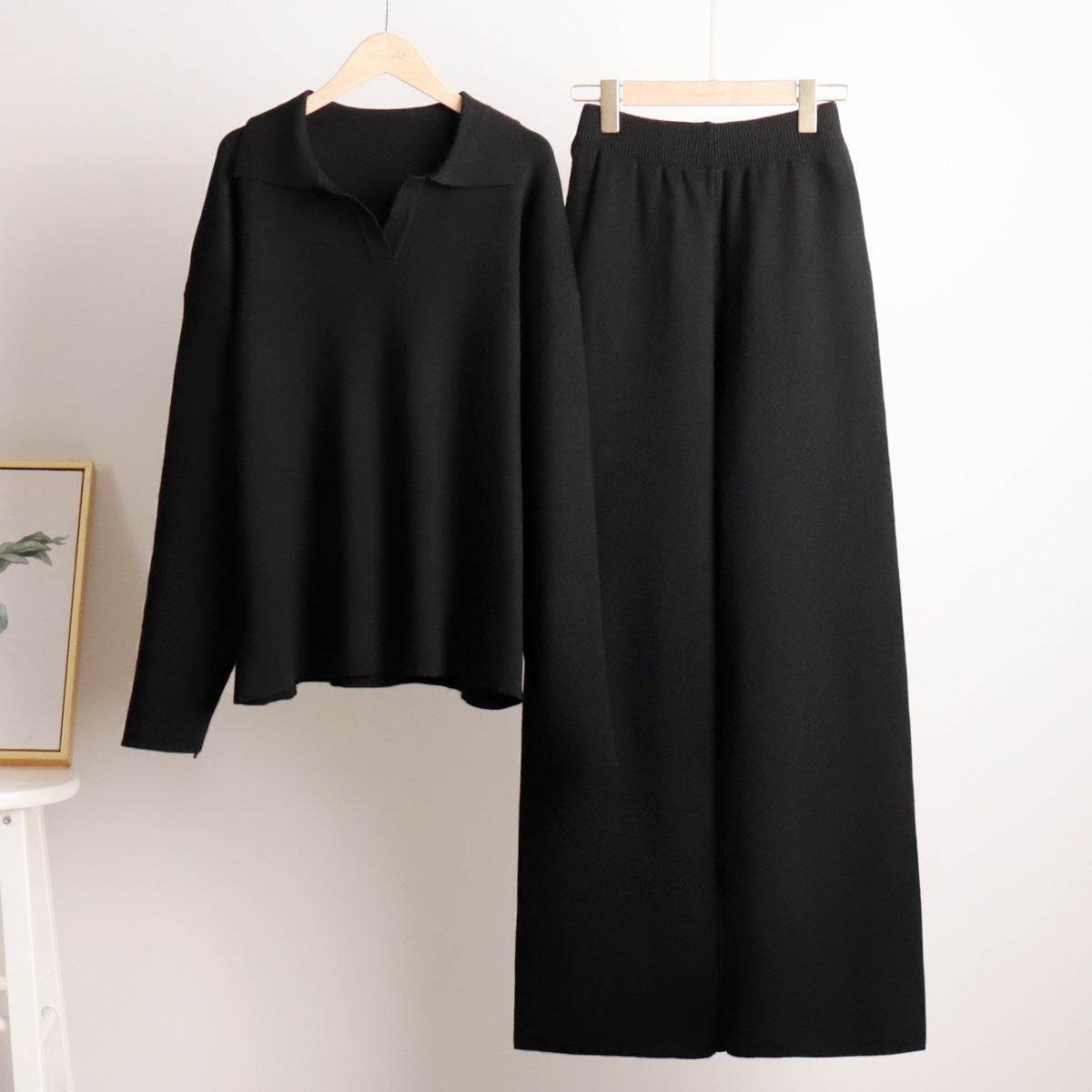 Women's Oversized Collared Sweater Set – Polo Top Wide Leg Pants Set