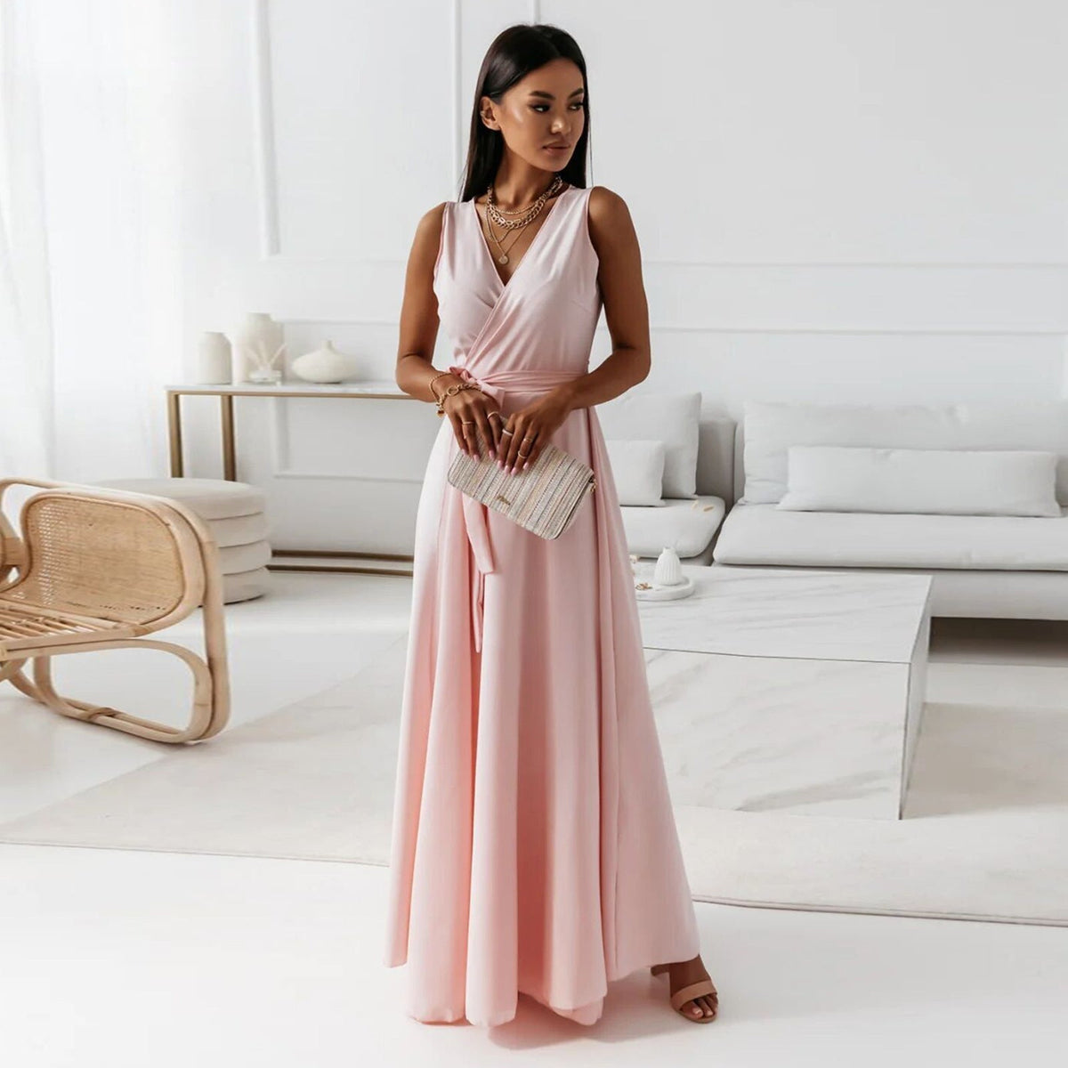 Women's Wrap Wedding Guest Maxi Dress – Flowy Formal Occasion Dress