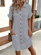 Women's Vintage V-Neck Dress – Flowy Three-Quarter Sleeve Day Dress