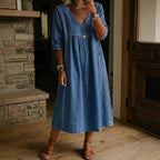 Women's V-Neck Pocket Midi Dress – Three-Quarter Sleeve Day Dress