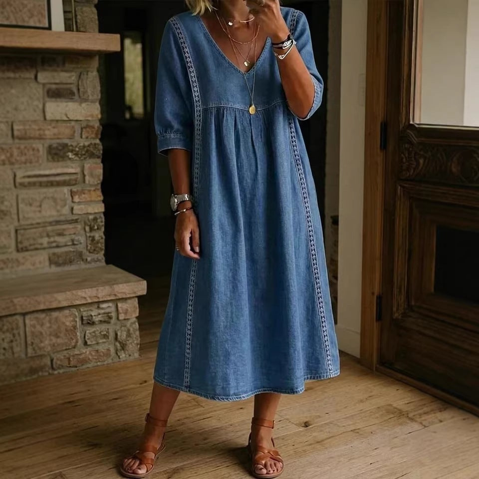 Women's V-Neck Pocket Midi Dress – Three-Quarter Sleeve Day Dress
