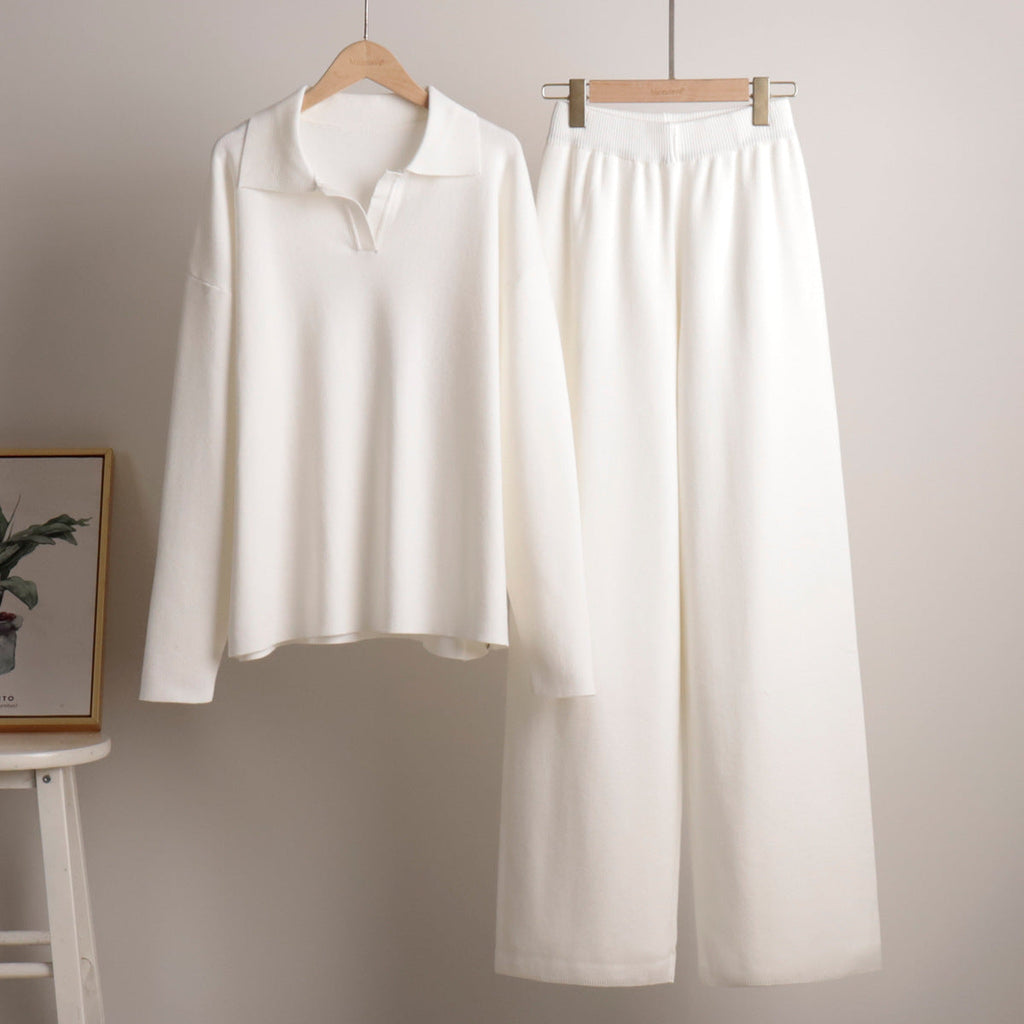 Women's Oversized Collared Sweater Set – Polo Top Wide Leg Pants Set