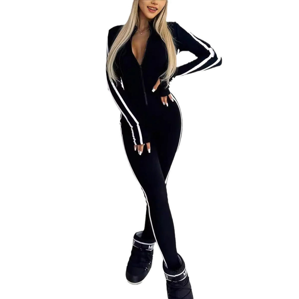 Women's Side Stripe Active Bodysuit – Long Sleeve Fitted Sport Bodysuit