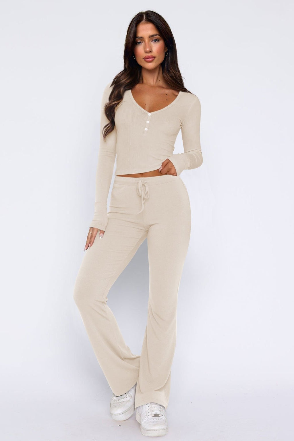 Women's Button Detail Crop Top Set – Flared Pants Casual Loungewear Set
