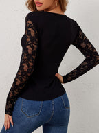 Women's Floral Lace Sleeve Bodysuit – Sheer V-Neck Fitted Bodysuit
