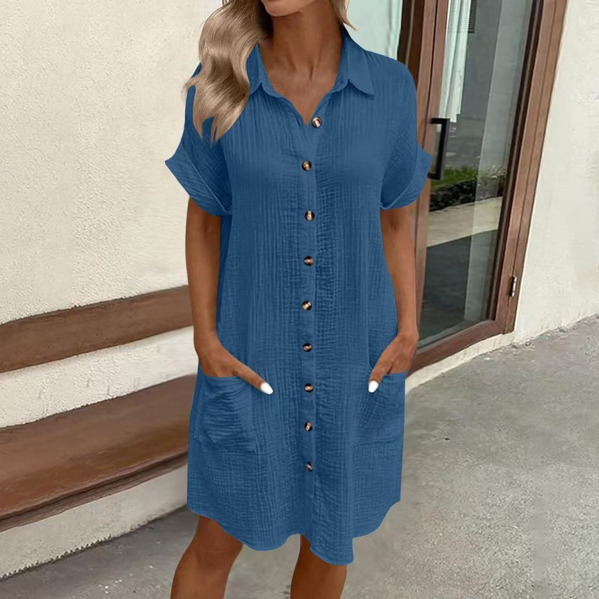 Women's Vintage V-Neck Dress – Flowy Three-Quarter Sleeve Day Dress