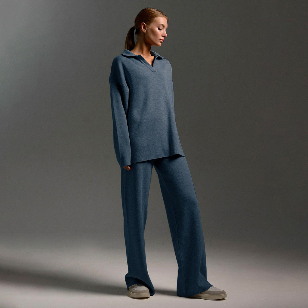 Women's Oversized Collared Sweater Set – Polo Top Wide Leg Pants Set