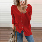 Women's Ribbed V-Neck Cardigan – Button Front Long Sleeve Cardigan