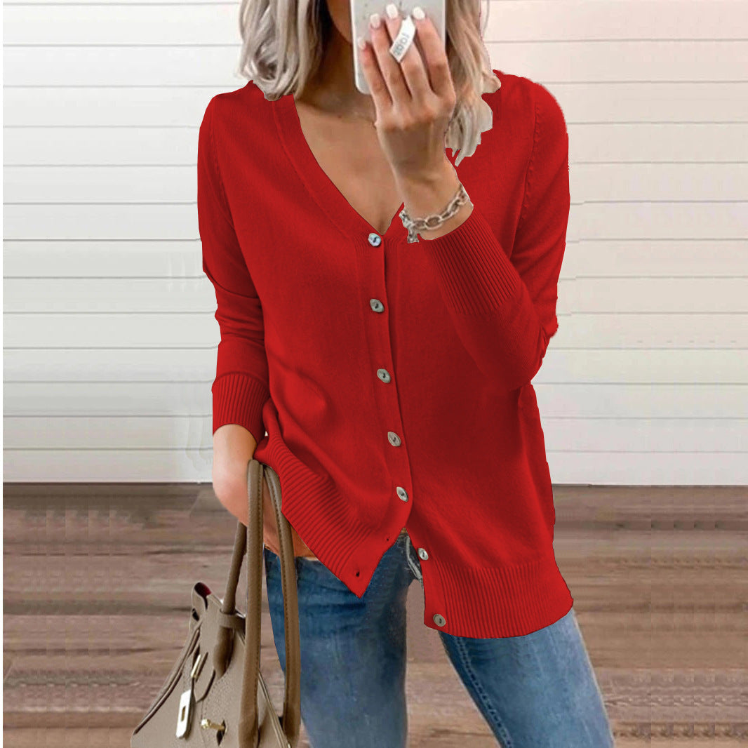 Women's Ribbed V-Neck Cardigan – Button Front Long Sleeve Cardigan