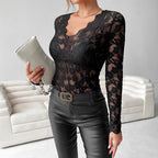 Women's Romantic Floral Lace Bodysuit – V-Neck Long Sleeve Fitted Bodysuit