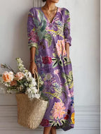 Women's Vintage Floral Midi Dress – A-Line Flowy Summer Dress