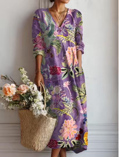 Women's Vintage Floral Midi Dress – A-Line Flowy Summer Dress