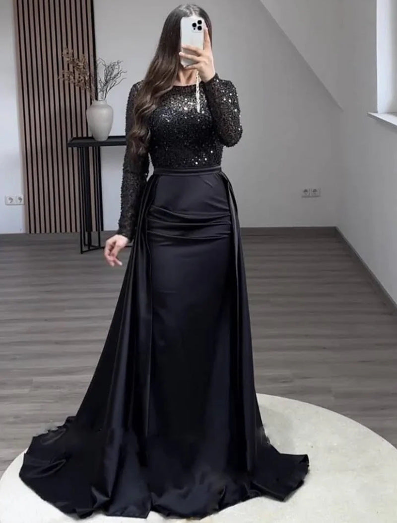 Women's Long Sleeve Glitter Gown – Flowing Sparkle Formal Evening Dress