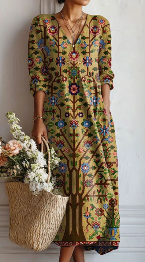 Women's Vintage Floral Midi Dress – A-Line Flowy Summer Dress