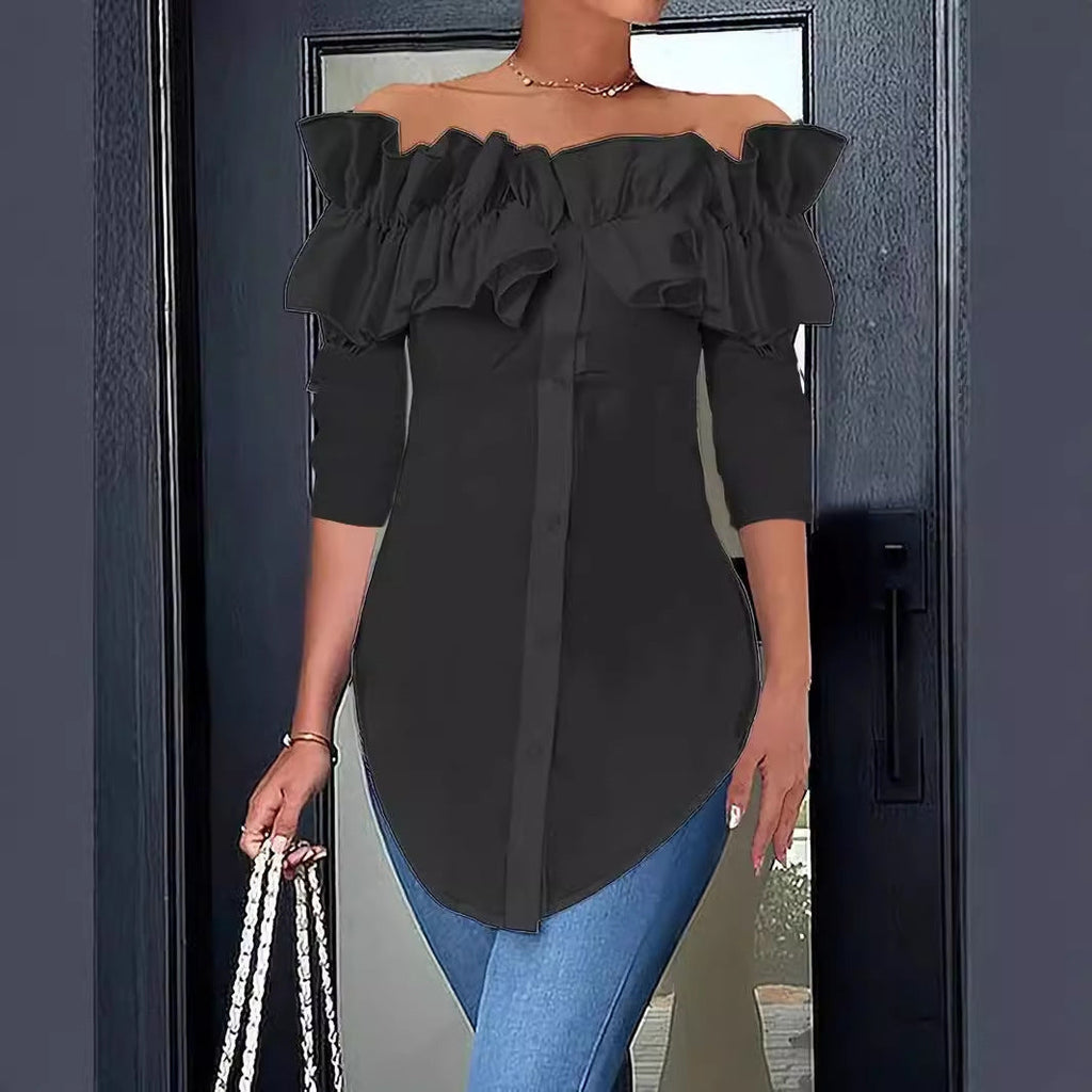 Women's Ruffle Off-Shoulder Blouse – Button Front Three-Quarter Sleeve Blouse