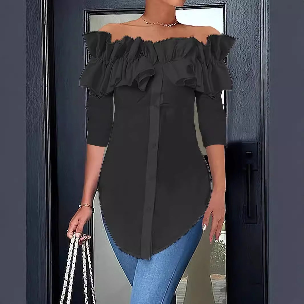 Women's Ruffle Off-Shoulder Blouse – Button Front Three-Quarter Sleeve Blouse