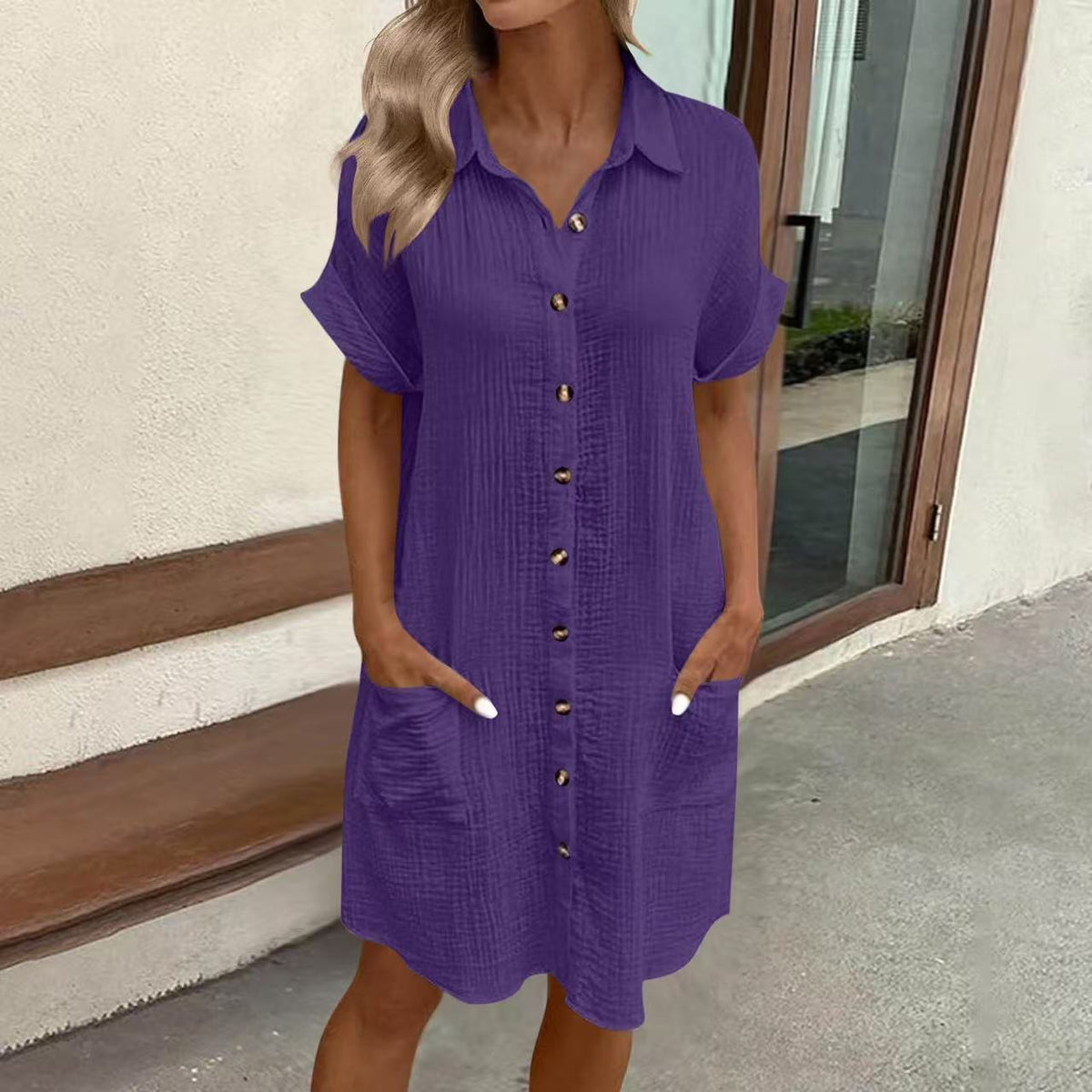 Women's Vintage V-Neck Dress – Flowy Three-Quarter Sleeve Day Dress