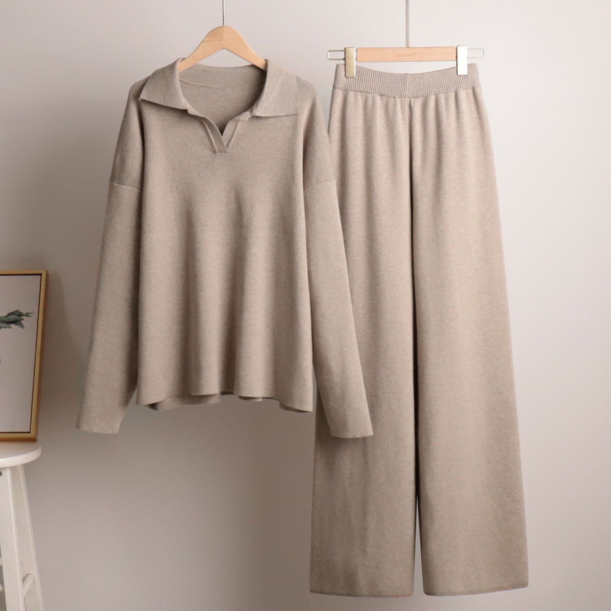 Women's Oversized Collared Sweater Set – Polo Top Wide Leg Pants Set