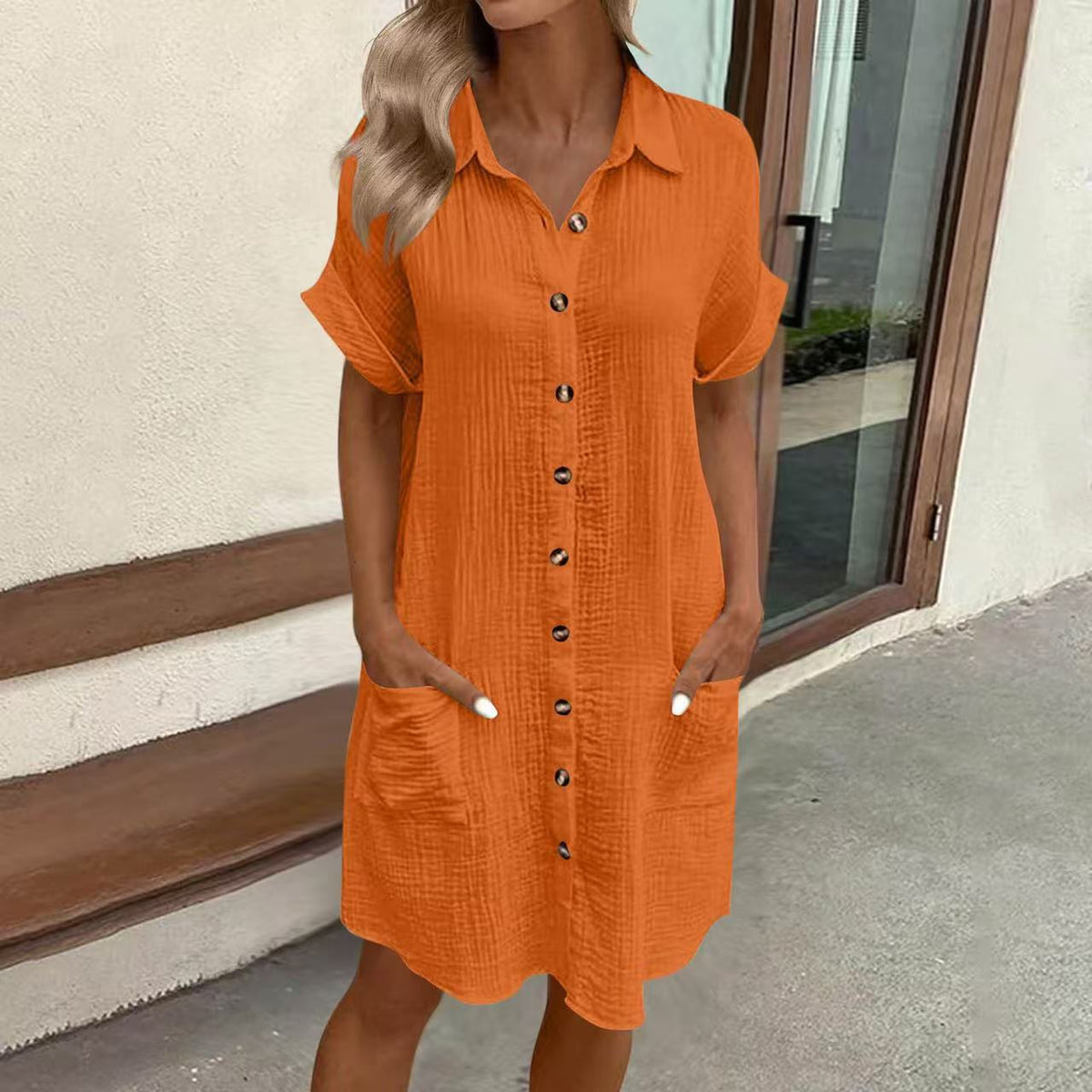 Women's Vintage V-Neck Dress – Flowy Three-Quarter Sleeve Day Dress