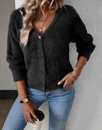 Women's Fluffy V-Neck Knit Cardigan – Relaxed Button Front Cardigan