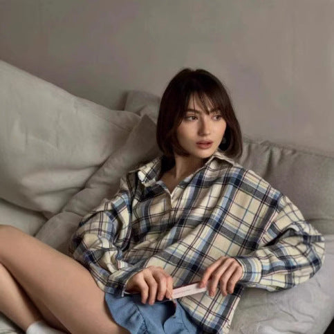 Women's Checked Button Blouse – Oversized Relaxed Shirt Blouse