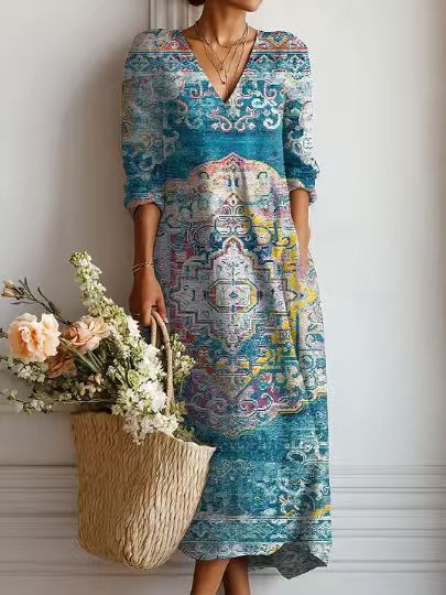 Women's Vintage Floral Midi Dress – A-Line Flowy Summer Dress