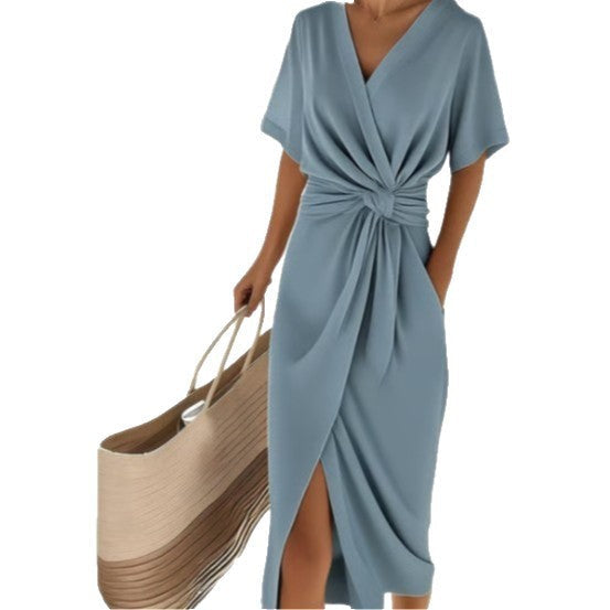 Women's Draped Midi Wrap Dress – Side Slit Cocktail Occasion Dress
