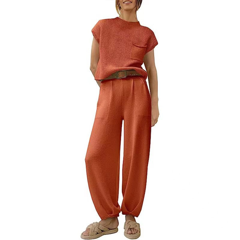 Women's Short Sleeve Pants Set – Crew Neck Top & High Waist Trousers