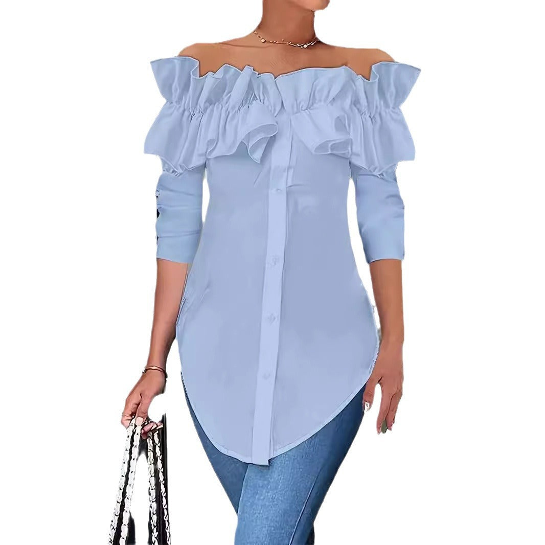 Women's Ruffle Off-Shoulder Blouse – Button Front Three-Quarter Sleeve Blouse
